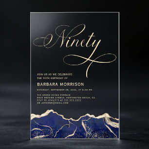 Invitations En Acrylique Fête d'anniversaire 90 ans Navy Blue Gold Agate