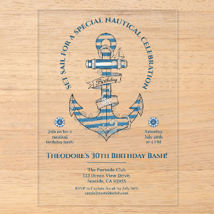 Invitations En Acrylique Fête d'anniversaire à rayures nautiques et ancre
