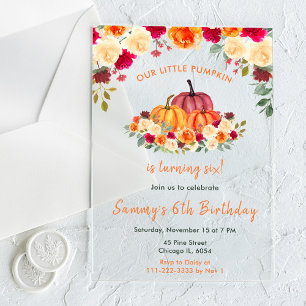 Invitations En Acrylique Fête d'anniversaire Citrouilles Orange Floral Auto