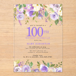 Invitations En Acrylique Fête d'anniversaire de 100 ans CLEAR ACRYLIC Fleur