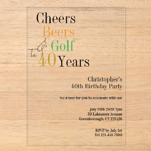 Invitations En Acrylique Fête d'anniversaire de 40 ans Golf Cheers Bières M