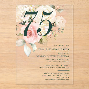 Invitations En Acrylique Fête d'anniversaire de 75 ans à l'aquarelle floral