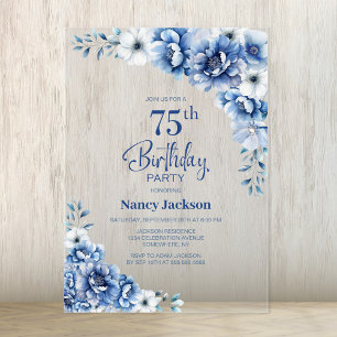 Invitations En Acrylique Fête d'anniversaire de 75 ans aux fleurs bleues él