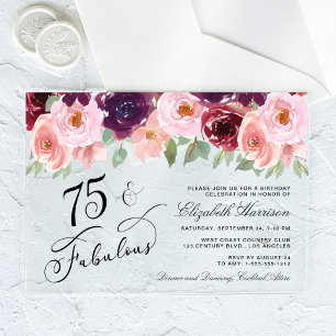 Invitations En Acrylique Fête d'anniversaire de 75 ans Burgundy rose floral