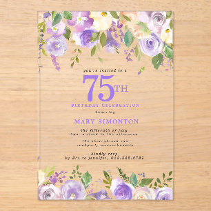 Invitations En Acrylique Fête d'anniversaire de 75 ans CLEAR ACRYLIC Fleur