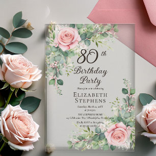 Invitations En Acrylique Fête d'anniversaire de 80 ans Elegant Blush Rose E