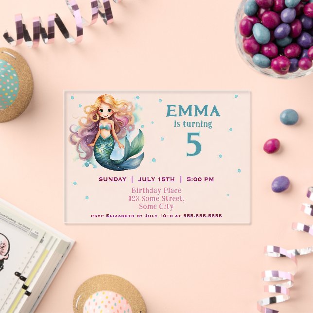 Invitations En Acrylique Fête d'anniversaire de la mignonne fille sirène (Insitu (Célébration))