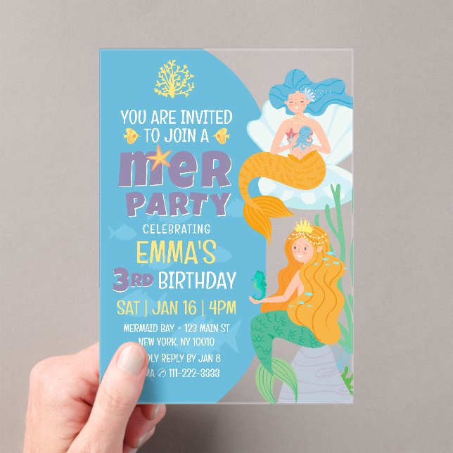 Invitations En Acrylique Fête d'anniversaire de la mignonne sirène moderne (In situ (ordinateur de poche))