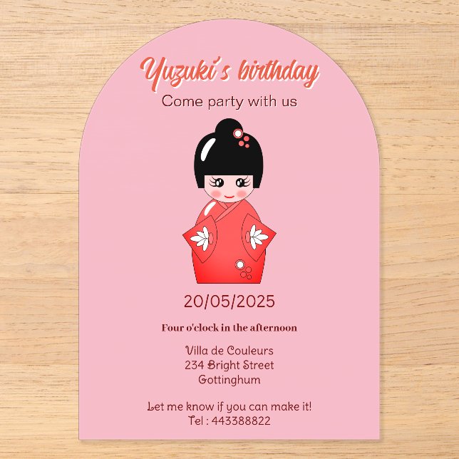 Invitations En Acrylique fête d'anniversaire de poupée japonaise (Recto)