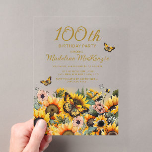 Invitations En Acrylique Fête d'anniversaire des 100 ans Tournesols Papillo