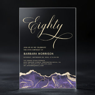 Invitations En Acrylique Fête d'anniversaire des 80 ans Purple Gold Agate