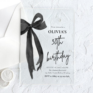 Invitations En Acrylique Fête d'anniversaire élégante à ruban noir aquarell
