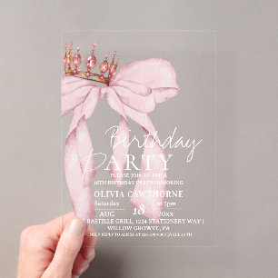 Invitations En Acrylique Fête d'anniversaire élégante aquarelle rose ruban
