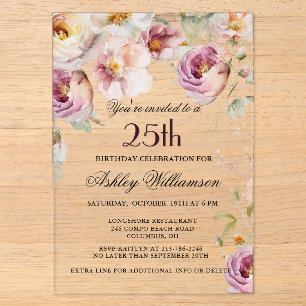 Invitations En Acrylique Fête d'anniversaire élégante florale rose sauvage 
