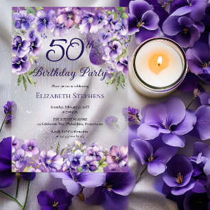 Invitations En Acrylique Fête d'anniversaire élégante violette florale 50 a