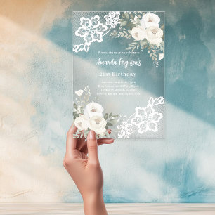 Invitations En Acrylique Fête d'anniversaire en dentelle florale blanche