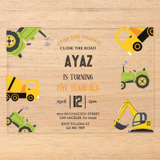 Invitations En Acrylique Fête d'anniversaire garçon camion de chantier