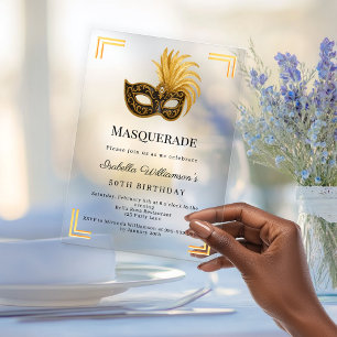Invitations En Acrylique Fête d'anniversaire luxe masque d'or transparente
