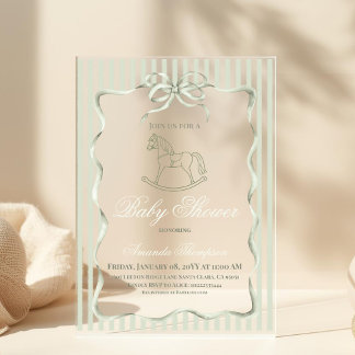 Invitations En Acrylique Fête de bébé Cheval à Bascule Olive Neutre Vintage