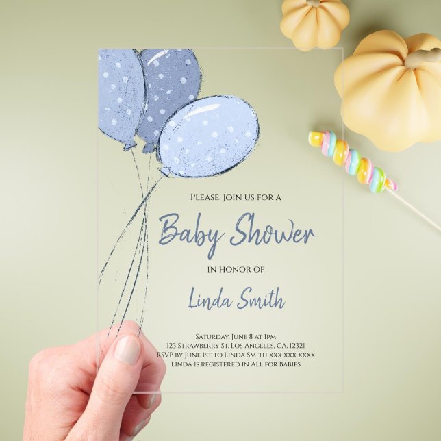Invitations En Acrylique Fête de bébé élégante et unisexe avec ballons bleu (Créateur téléchargé)