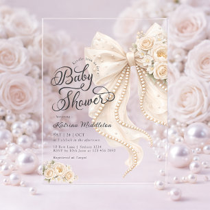 Invitations En Acrylique Fête de bébé Élégante Perle Blanche Ruban Floral