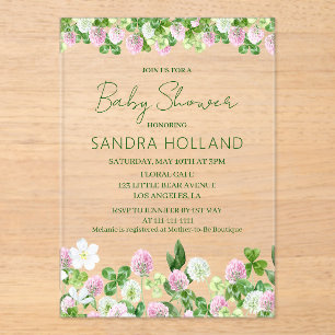 Invitations En Acrylique Fête de Bébé Prairie de Trèfle à l'Aquarelle