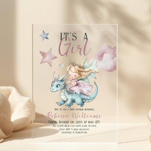 Invitations En Acrylique Fête de Bébé Princesse Rose Dragon Rêveuse Conte d