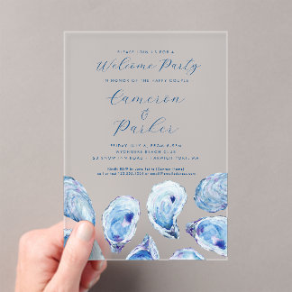 Invitations En Acrylique Fête de bienvenue huître aquarelle bleue