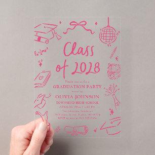 Invitations En Acrylique Fête de fin d'études 2028 dessinée à la main moder