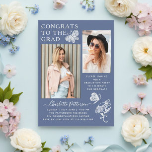 Invitations En Acrylique Fête de fin d'études avec photo de papillon bleu b