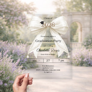 Invitations En Acrylique Fête de fin d'études nœud ivoire promotion 2026 lu