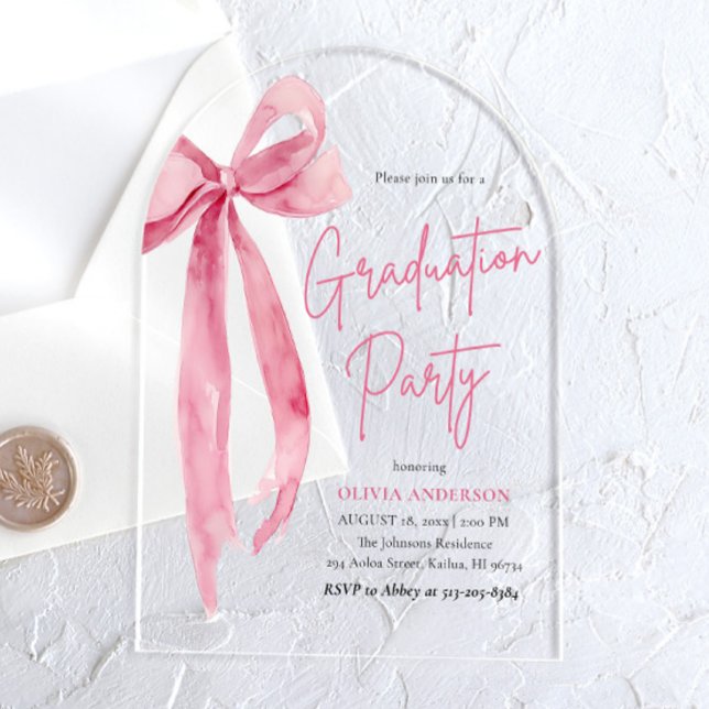 Invitations En Acrylique Fête de graduation moderne Blush Pink Bow Arched (Modern Blush Pink Bow Graduation Party Arched Acrylic Invitations)