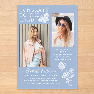 Invitations En Acrylique Fête de graduation photo Papillon blanc bleu moder