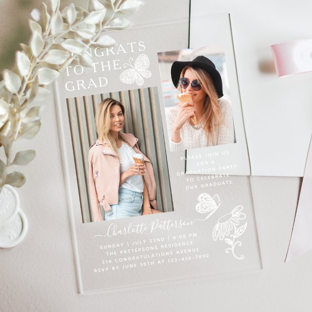 Invitations En Acrylique Fête de graduation photo papillon blanc moderne (Créateur téléchargé)