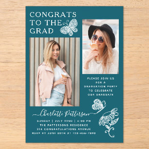 Invitations En Acrylique Fête de graduation photo papillon blanc Turquoise 