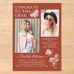 Invitations En Acrylique Fête de graduation photo papillon Brown moderne