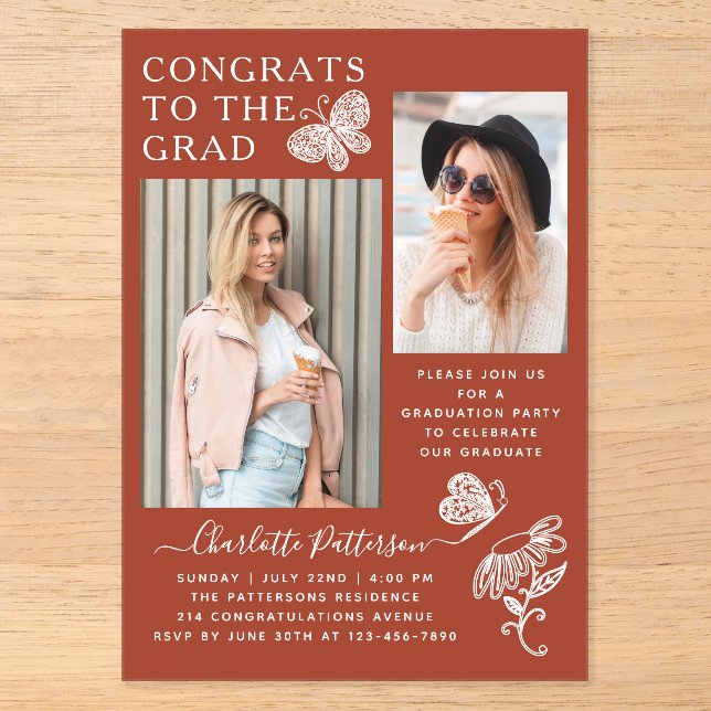 Invitations En Acrylique Fête de graduation photo papillon Brown moderne (Recto)