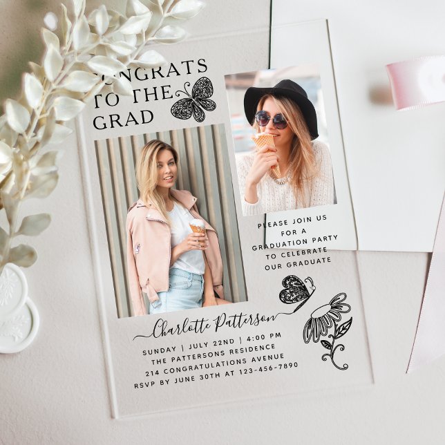 Invitations En Acrylique Fête de graduation photo papillon moderne (Créateur téléchargé)