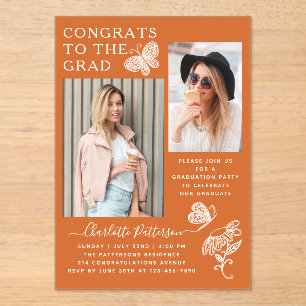 Invitations En Acrylique Fête de graduation photo papillon orange moderne
