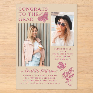 Invitations En Acrylique Fête de graduation photo Papillon rose beige moder