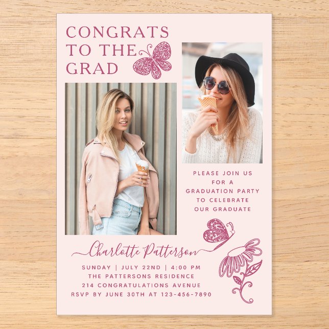 Invitations En Acrylique Fête de graduation photo papillon rose moderne (Recto)