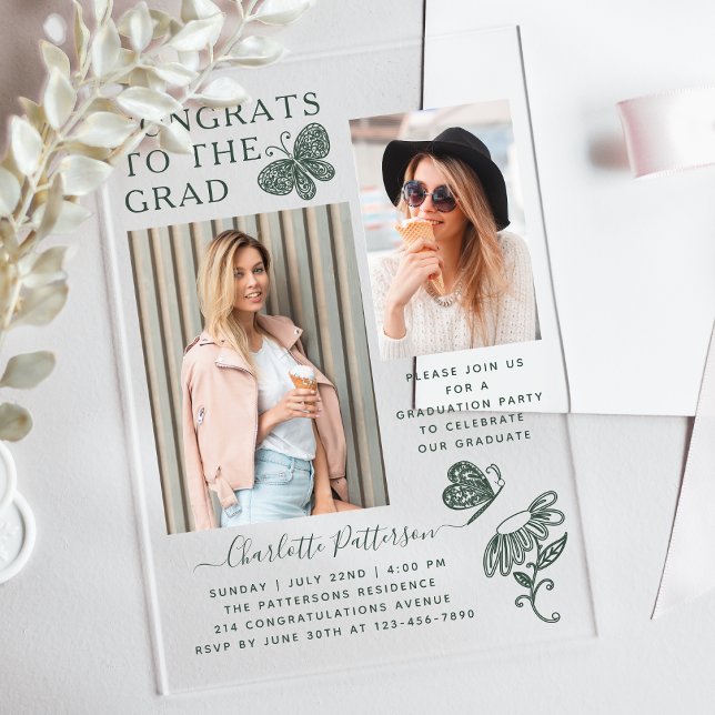 Invitations En Acrylique Fête de graduation photo papillon vert moderne (Créateur téléchargé)