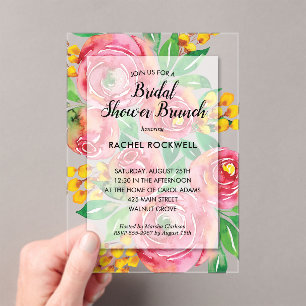 Invitations En Acrylique Fête de mariage aux fleurs roses aquarelle