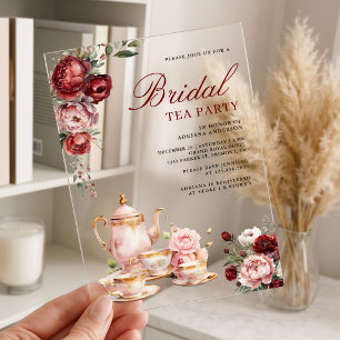 Invitations En Acrylique Fête de mariage Burgundy Blush Fleurs roses Tasses