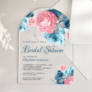 Invitations En Acrylique Fête de mariage champêtre poussiéreux bleu rose fl