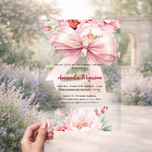 Invitations En Acrylique Fête de naissance bébé fille ruban rose transparen