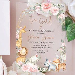 Invitations En Acrylique Fête de naissance Fille Animaux de la Jungle Fleur