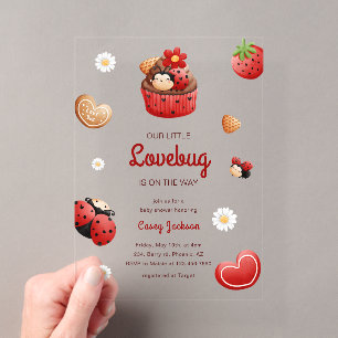 Invitations En Acrylique Fête de Naissance Fleurs Cupcake Coccinelle Mignon