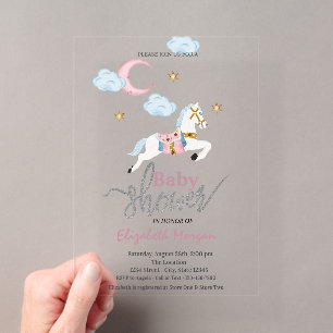 Invitations En Acrylique Fête de naissance Petite Poney Rose Aquarelle