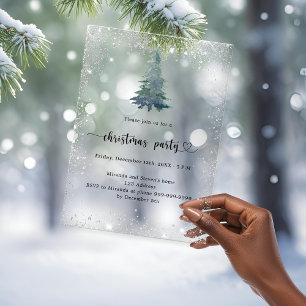 Invitations En Acrylique Fête de Noël arbre enneigé argent givré